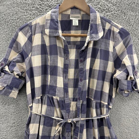 Motherhood Maternity Women's Small Blue Plaid‎ Button Down Dress with Tie Waist - Picture 2 of 10